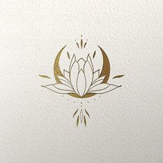 a white and gold logo with a lotus flower on the bottom right hand corner, surrounded by smaller golden leaves