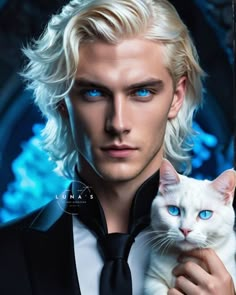 a man with blonde hair holding a white cat in his lapel and looking at the camera