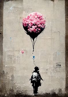 a person walking past a wall with a balloon painted on it