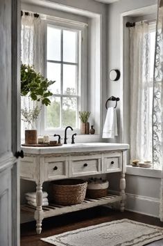 a bathroom with two windows and a sink