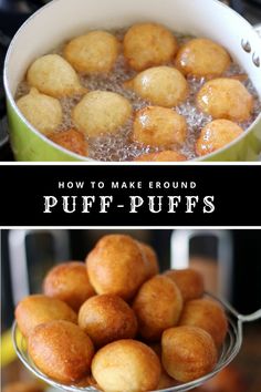 two pictures showing how to make round puff - puffs in the oven and on the stove