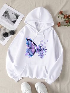 Women's Hoodie Fashion Casual Hoodie Preppy Color Butterfly Print Autumn And Winter Warm Sports White Casual  Long Sleeve Polyester Animal,Cartoon,Geometric,Letter,Butterfly,Textured Pattern Pullovers Slight Stretch All Women Clothing, size features are:Bust: ,Length: ,Sleeve Length: Hoodies Womens Fashion, Female Tops, Thermal Hoodie, Printed Hoodies, Stylish Hoodies, Cute Dress Outfits, Women Sweatshirts, Mode Casual, Cartoon Outfits