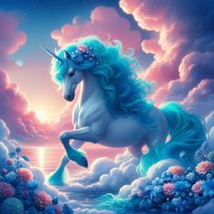 a painting of a unicorn with blue hair and flowers on its head, standing in the clouds