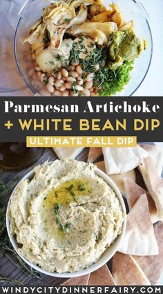 white bean dip with parmesan artichoke on top and an image of hummus