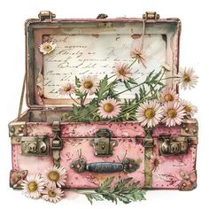 an old pink suitcase with daisies and writing on the inside is filled with watercolors