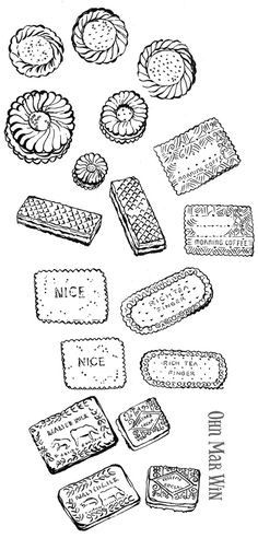 some breads and pastries are shown in this black and white drawing, with the words nice nice nice