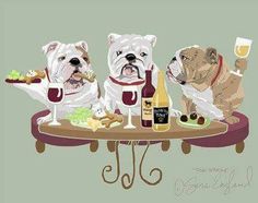 three dogs are sitting at a table with food and drinks in front of them,