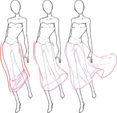 three female mannequins in different positions to show how to draw the dress