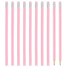 six pink pencils lined up in a row with silver glitter on the top and bottom