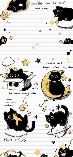 an image of cats and stars on lined paper