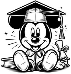 mickey mouse in graduation cap and gown sitting on the ground with diplomas around him