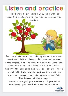 an apple tree with the words listen and practice on it, in front of a child sitting