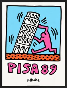 an advertisement for a pizza restaurant with a cartoon character leaning up against the tower of pisa