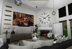 a living room filled with furniture and a large clock on the wall