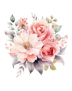 a bouquet of pink flowers with leaves and buds on a white background, watercolor painting