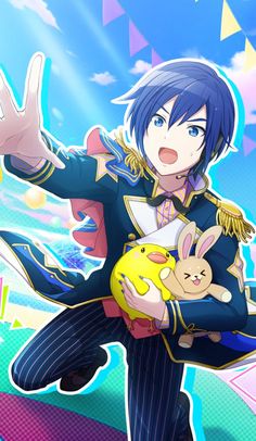 an anime character with blue hair holding a yellow rabbit in his arms and pointing to the sky