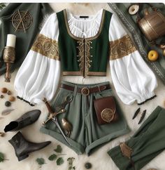 Medieval Cottagecore Outfits, Cottage Core Elf Outfit, Fantasy Forager Outfit, Ren Faire Outfits Mushroom, Renfaire Outfit Green, Ren Faire Costume, Anime Inspired Outfits, Dress Design Sketches, City Outfits