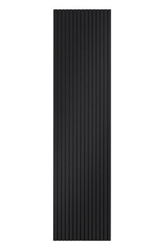 a black vertical paneled radiator on a white background, with horizontal stripes