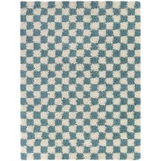 a blue and white rug with checkered pattern