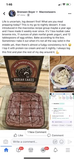 an instagram page with brownies and ice cream