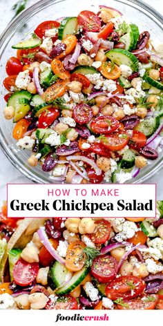 greek salad with cucumbers, tomatoes, onions and feta cheese in a glass bowl