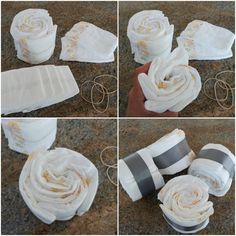 four pictures showing how to make fabric flowers