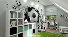 a soccer themed room with green carpet and white walls, along with bookshelves