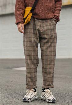 Check Trousers Men Outfit, Checked Trousers Outfit Men, Mens Plaid Pants Outfit, Plaid Pants Men Outfit, Mens Cottagecore, Checked Trousers Outfit, Plaid Trousers Outfit, Plaid Pants Men, Brown Plaid Pants