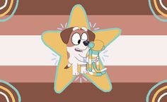 a cartoon dog holding a stuffed animal on top of a star shaped object in front of a striped background