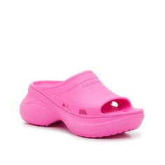 Balenciaga-x Crocs Pool Platform Sandal - Women's Elevate your favorite casual style with the Pool platform sandal from Crocs x Balenciaga. This collaboration features a simple slide silhouette, complete with a molded heel that takes your look to the next level. Pink Eva Platform Slippers For Beach, Pink Slip-on Platform Slides, Pink Non-slip Plastic Sandals, Pink Slip-resistant Synthetic Sandals, Pink Non-slip Plastic Jelly Sandals, Platform Sandals, Pink Ladies, Balenciaga, Casual Style