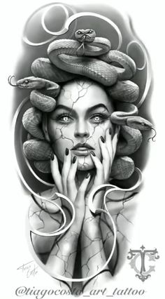 a drawing of a woman with snakes on her head