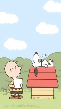 a charlie brown cartoon holding a piece of paper in front of a doghouse with snoop on it