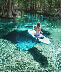 a woman riding on top of a surfboard in the middle of a river surrounded by trees