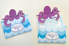 an octopus themed birthday party with purple and blue paper on the front, and white envelope in the back