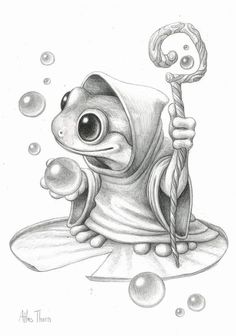 a drawing of a frog with an umbrella in its mouth and bubbles around it's neck