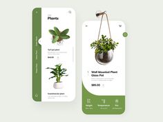 two vertical banners with plants in pots on the front and back, one is green