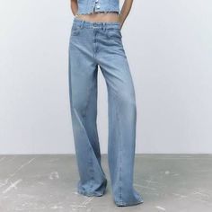 New With Tags Bloggers Favorite! High Rise Inseam 34.5" #Wide#Palazzo#Relaxed#Loose#Baggy#Dad# Chic Zara Blue Jeans, Chic Blue Zara Jeans, Frayed Flare Jeans, Zara Wide Leg Jeans, Black Wide Leg Jeans, Fleece Skirt, Faux Leather Jeans, Bridesmaids Jumpsuits, Tube Top Dress