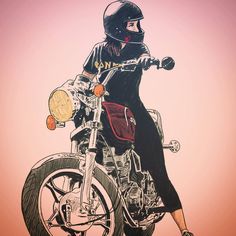 a drawing of a woman on a motorcycle wearing a helmet and holding the handlebars