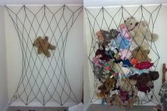 two walls with teddy bears and other stuffed animals on them, one is behind a wire curtain