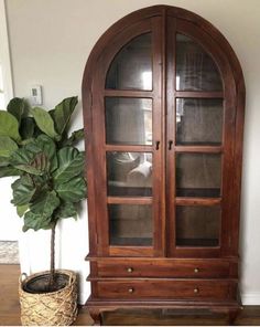 a wooden cabinet sitting next to a potted plant on top of a hard wood floor