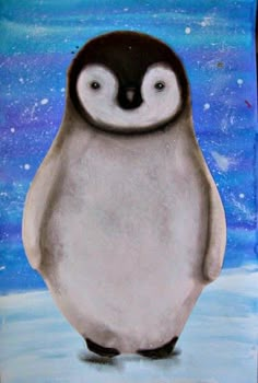 a painting of a penguin standing in the snow with blue sky and stars behind it