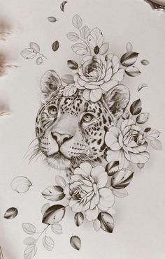 a drawing of a leopard surrounded by flowers