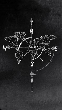 a black and white drawing of a world map with arrows pointing in different directions on it