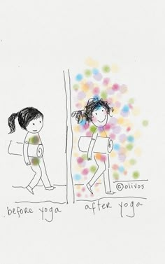 a drawing of two girls doing yoga in front of a wall with dots on it