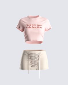 Good girls never make headlines 💅 Be the cause of commotion everywhere you go in this iconic two-piece set featuring a pink jersey graphic top, and a taupe lace-up mini skirt 😚 Soft Feminine Outfits, Feminine Outfits, Pink Jersey, Good Girls, Outfit Check, Soft Feminine, 2000s Fashion Outfits, Graphic Top, Mini Sweater Dress