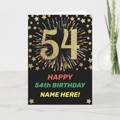 a birthday card with the number nine on it and fireworks in the background, next to a vase of flowers