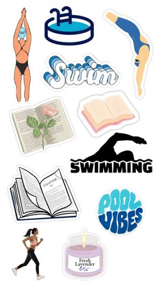 various stickers that include swimming, books and a woman's body in the background