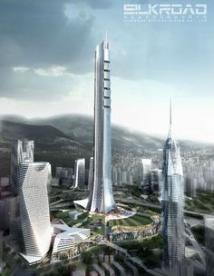 an artist's rendering of a futuristic city with skyscrapers