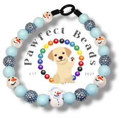 a beaded bracelet with an image of a dog and snowmen