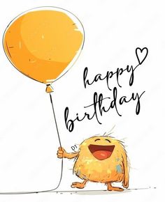 a cartoon character holding a balloon with the words happy birthday written on it